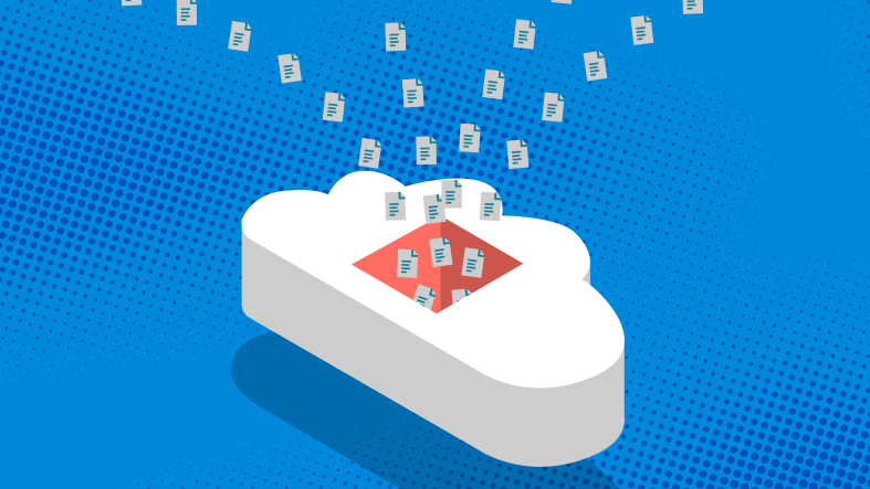 Illustration of documents in a cloud on blue background