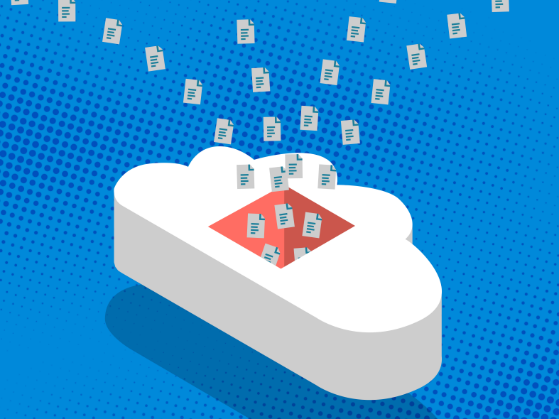 Illustration of documents in a cloud on blue background