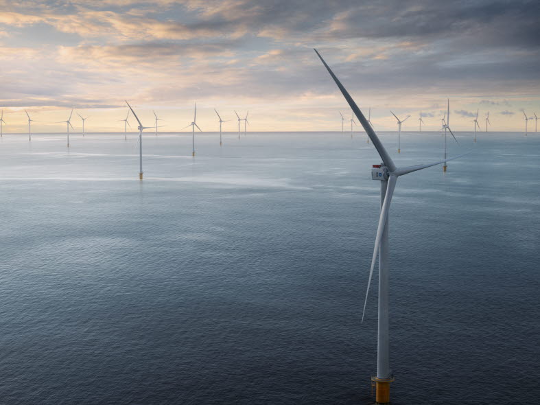This rendered image depicts the Dogger Bank wind farm, situated in the central to southern North Sea and extending across waters in the UK, Germany, Denmark, and the Netherlands
