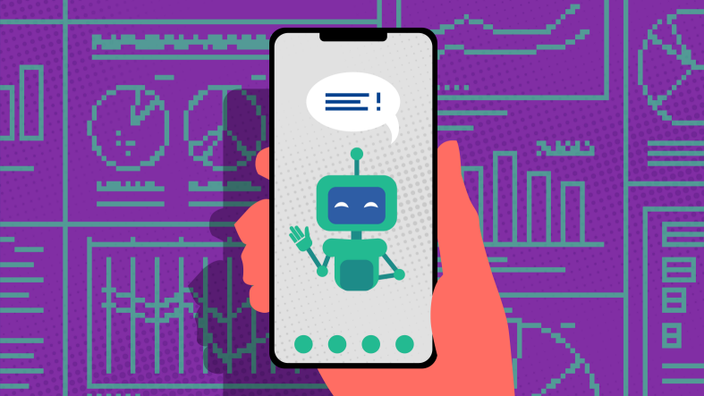 Illustration of a phone on purple background showing a robot talking