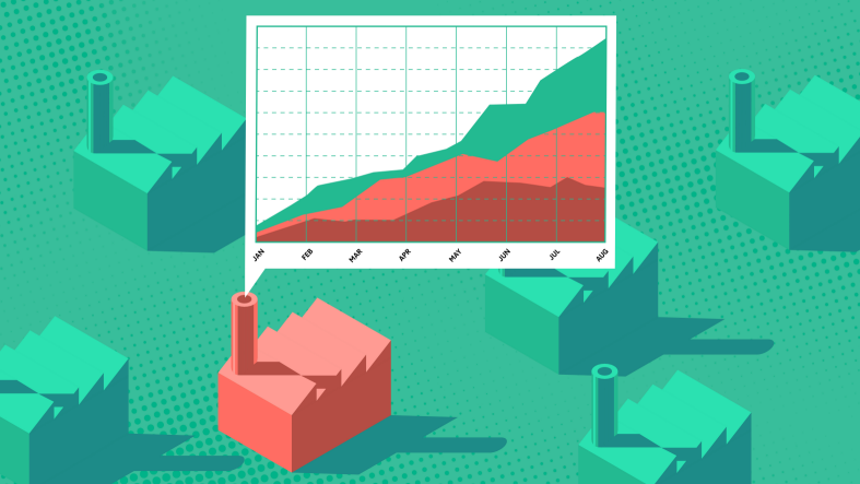 Illustration of emissions from industries on a green background