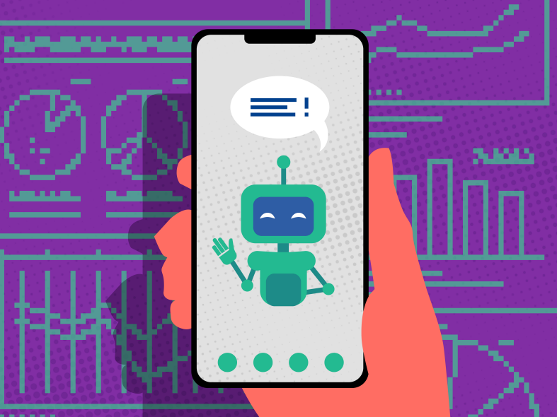 Illustration of a phone on purple background showing a robot talking